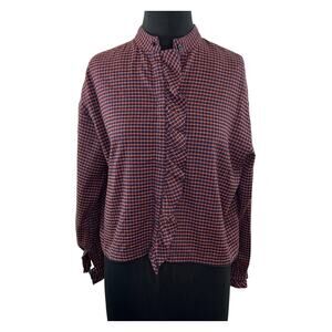 FRNCH Blue Orange Windowpane Plaid Ruffled Button-Up Crop Top Linen Cotton XS
